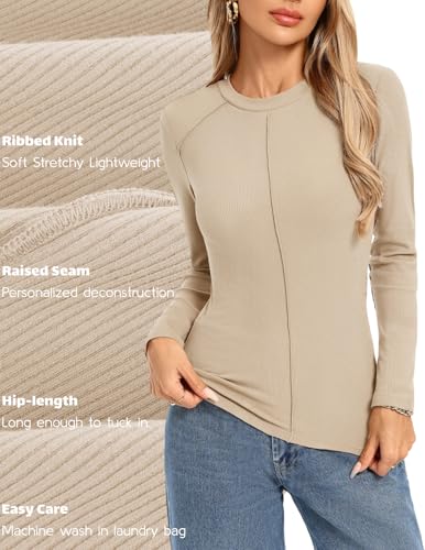 Kate Kasin 2025 Fall Women Fitted Long Sleeve Shirt, Going Out Ribbed Knit Tops, Trendy Crewneck Sweaters4