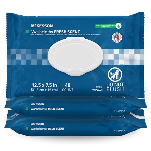 Image of McKesson Washcloth Wipes for Adults, Scented (3 Pack, 144 Washcloths) Disposable Wash Cloths for Body - No-Rinse Formula with Snap Lid - Good for Incontinence and Elderly - 48 Wipes Per Pack