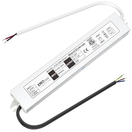 EMITEVER 24Volt LED Driver 36Watts, ETL Listed Waterproof IP67 Power Supply Low Voltage Transformer 120V AC to 24V DC Converter for LED Strip, Cabinet Tape Lights, LED Display and Outdoor Lighting