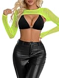 Lilosy Sexy Fishnet Mesh Sheer Crop Top Long Sleeve Shirt Rave Outfits Cover Up One Piece See Through Neon Green Small
