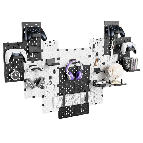 Image of PEGZONE Controller and Headphone Holder Wall Mount, Modular Gaming Pegboard with Accessories, Controller Stand for Xbox PS5 PS4 Switch, Video Game Storage, Disc Shelf, 14pcs Pegboard, Black & White