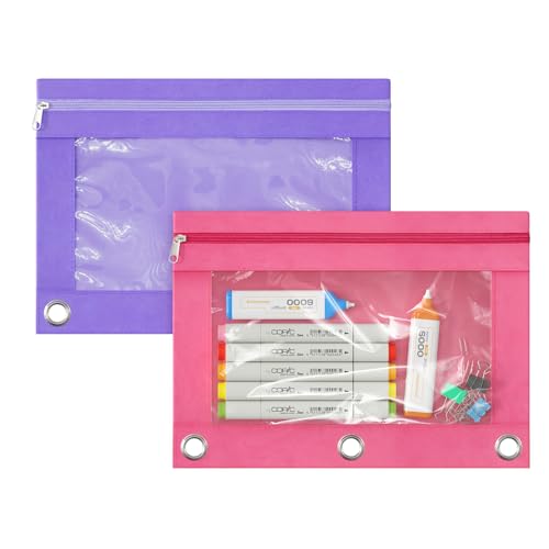 QSSRWNAO Pacote com 2 bolsos para fichário de 3 anéis, estojo de fichário com zíper, estojo de lápis de 3 anéis com janela transparente, bolsa de lápis de grande capacidade para escritório, escola,