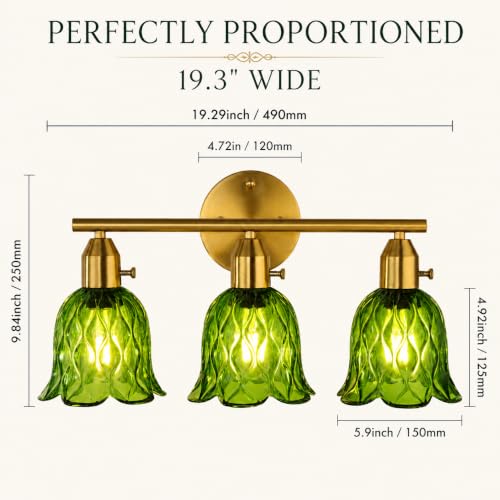 Image of 3-Light Bathroom Light Fixtures, 17.9 inch Gold Vintage Vanity Lights with Clear Green Tulip Glass Shade, Bathroom Wall Lamp for Mirror Kitchen Living Room Hallway Cabinet Porch