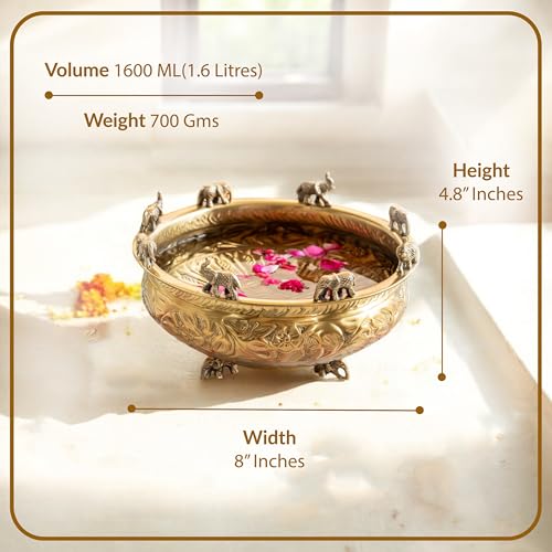 Image of INDIAN ART VILLA Brass Embossed Urli with Elephant Statues, Traditional Decorative Pooja Bowl, Home Decor Centerpiece, Ideal for Festivals, Weddings, Gifting, and Cultural Celebrations, 8 Inches