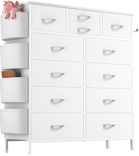 Lulive Dresser for Bedroom with 12 Drawers, Tall Dresser Chest of Drawers with Side Pockets and Hooks, Fabric Dresser Storage Tower for Closet, Hallway, Living Room (White)