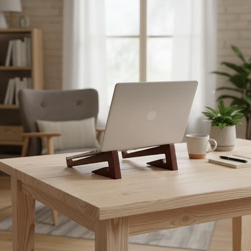 Image of Foldable, Adjustable, Wooden, Laptop Stand Ergonomic, Portable Tabletop Laptop /Desktop Riser Stand that Works with MacBooks, HP, Dell, Lenovo, and All Other notebooks Dark Walnut