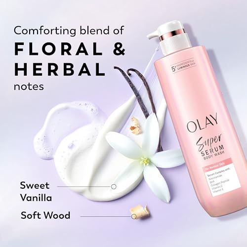 Image of Olay Super Serum Body Wash for Normal Skin, 24hr Long Lasting Rich Hydration, 5+ Ingredient Complex for Bright, Even, Firm, & Luminous Skin, with Collagen Peptide, BHA, Vitamin C, 20 fl oz