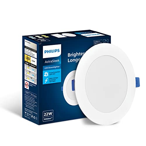 Philips Astra Sleek 22-watt Round LED Downlighter | LED Ceiling Light for Home and Hall | Cut Out: 188 mm, Color: Cool Day Light, Pack of 6