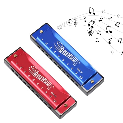 2 Pcs Harmonica Kids Mouth Organ 10 Hole 20 Tone Harmonica for Kids & Adults Perfect Music Gift for Beginners and Performers (Red/Blue)