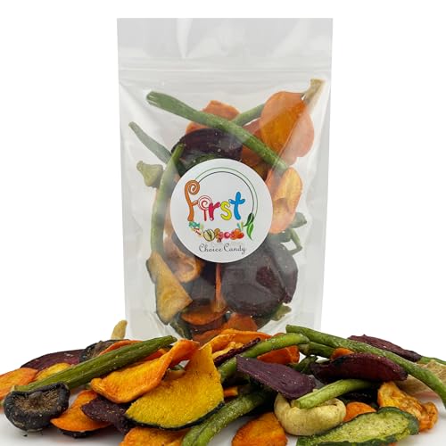FirstChoiceCandy Super Mix Vegetable Chips, Yellow & Purple Sweet Potato, Squash, Taro, Carrot, Green Bean, Beets, Okra, Shiitake, Beets, Button & Oyster Mushrooms, Tomato, Cucumber, No Sugar or Food Coloring added, in 1 Pound Reselable Bag