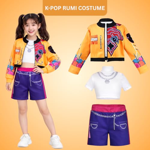 Image of Wanna Party Korean Pop Band Theme Rumi Costume for Girls Size L | Yellow Orange & Navy Idol Outfit Set with Jacket & Shorts | Kids Pop Star Fancy Dress for Dance, Stage, Halloween & Theme Parties