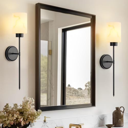 Image of Black Wall Sconces Set of 2 with Marble Glass Shade, Modern Bathroom Vanity Light Fixtures for Bedroom, Hallway, Entryway, Living Room