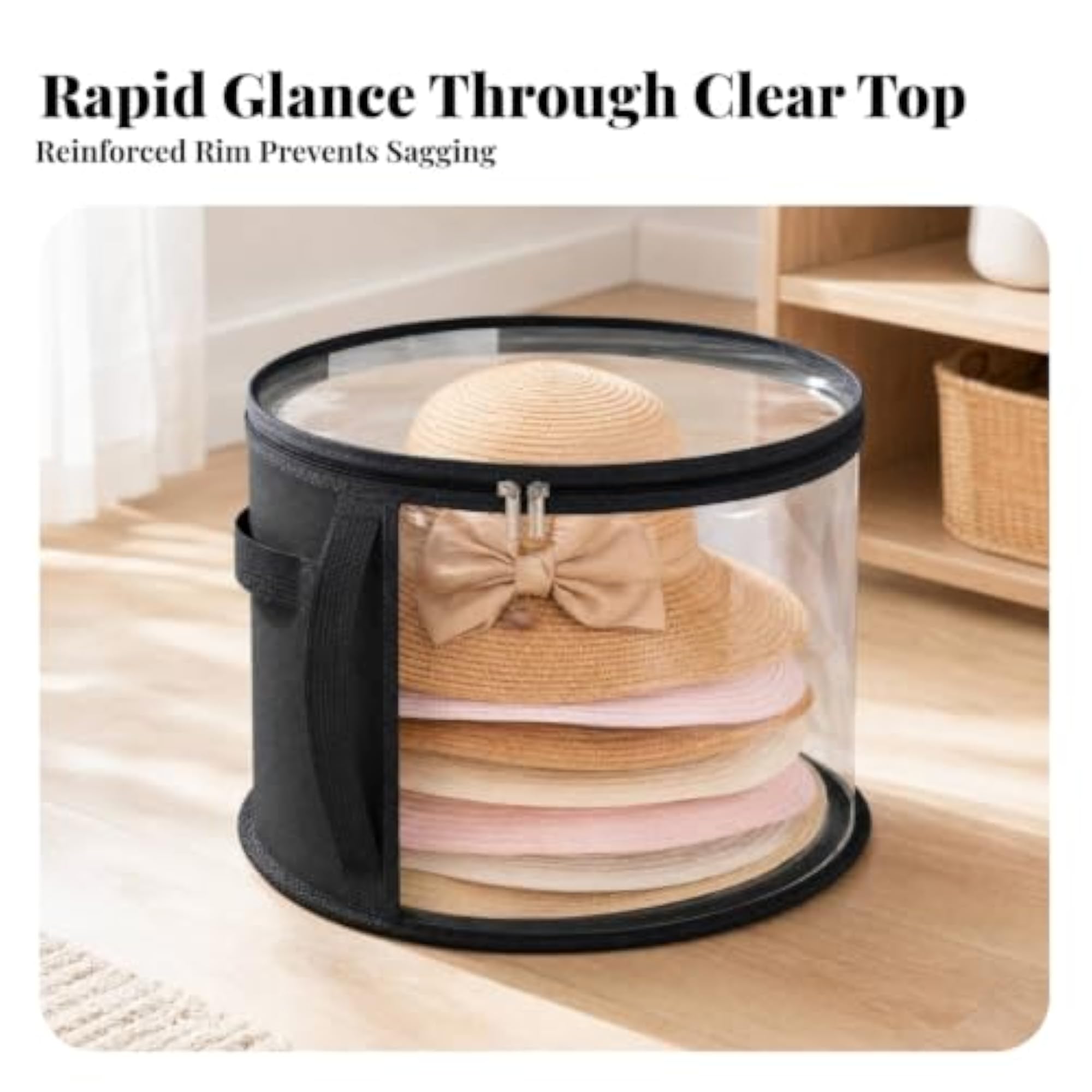 Lightweight Dustproof Hat Storage Container with Transparent Viewing Panel, Black