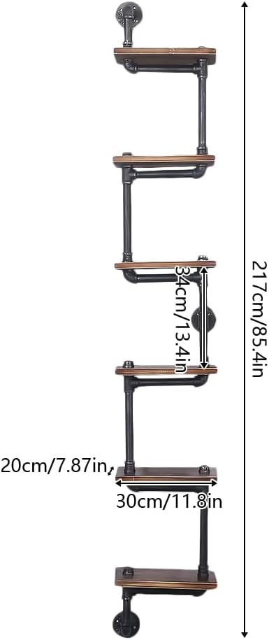 Bookcase with 6 Tier Industrial Pipe Shelving, Individuality Pipe Shelves with Wood Planks, Rustic Floating Shelves Wall Mounted, Retro Bar Shelf