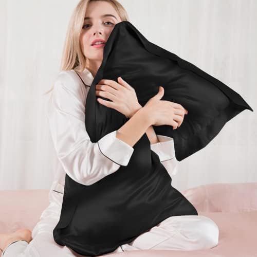Pack of 2 50 x 80 cm Satin Pillowcases for Hair and Skin, Silky Luxury Satin Cushion Cover (Black)