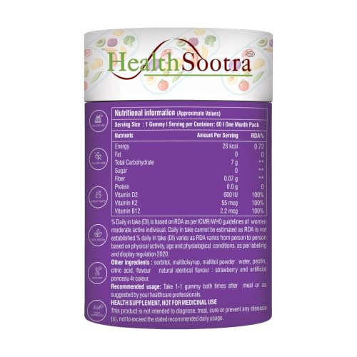 Image of Vitamin D3 K2 B12 Gummies | 60 Gummies | Strawberry Flavour | Sugar Free Vitamin | Daily Wellness with Vitamin D, Vitamin K2 & Vitamin B12 supplements for Bone Health