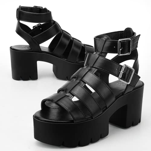 Readysalted Chunky Platform Sandals For Women Comfortable Gladiator Open Toe High Heeled With Buckle Ankle Strap Block Summer(Jaffa21-Black-08) #TOP3