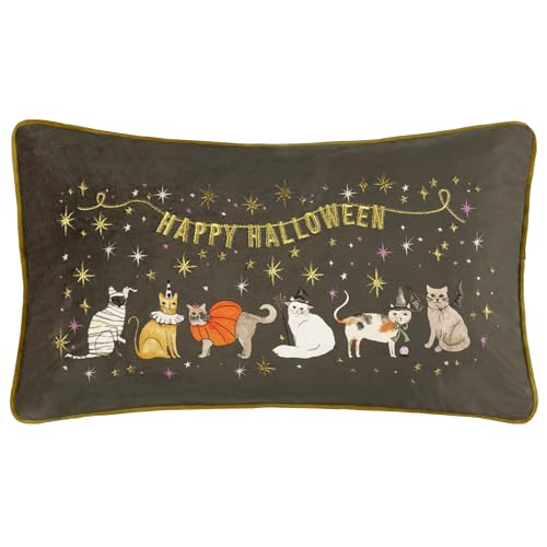 furn. Halloween Pawty Polyester Filled Cushion – Cute Spooky Halloween Cat Embroidered Velvet Decorative Pillow (Multicolour - 30x50cm)