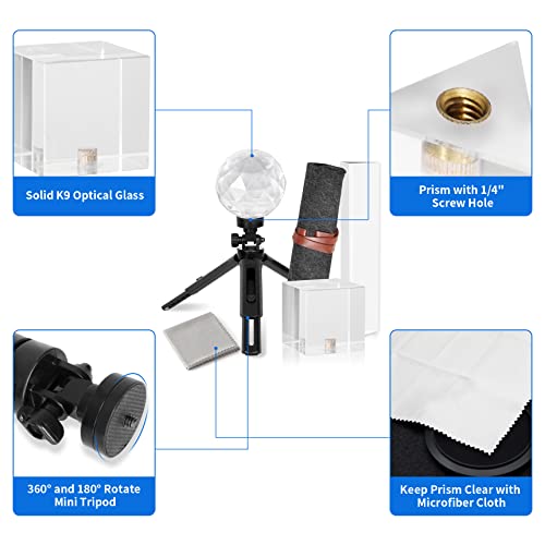 Meking 3pcs Photography Prism Set with Mini Tripod, Optical Crystal Prism Glass for Rainbow Effect Make, Teaching Light Spectrum Physics and Photographer Photo Accessory 1