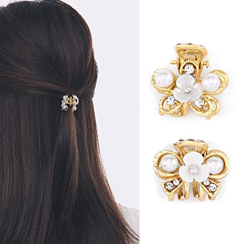 Briskaari Pearl Hair Claw Clips Gold Flower Hair Clip Barrette Mini Hair Clamps Non Slip Hair Accessories for Women and Girls (Pack of 2)