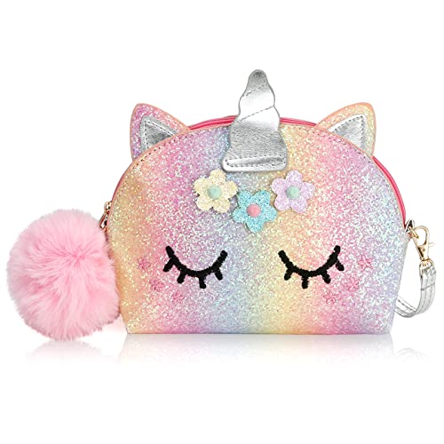 ZWOOS Bolso Bandolera para Niña, Bolsa de Hombro de Unicornio Brillo Lindo Monedero con Lentejuelasc, Arcoíris Bolso de Mensajero para Mujeres niñas,Del Monedero de Cuero Bolso (C)