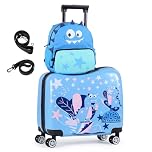 KOTEK Kids Ride on Suitcase, 18” Hardshell Carry-on Luggage with Wheels & Footrest, 12” Backpack with Anti-Lost Rope & Carry Strap, Toddler Rolling Suitcase for Girls Boys (Blue Dinosaur)