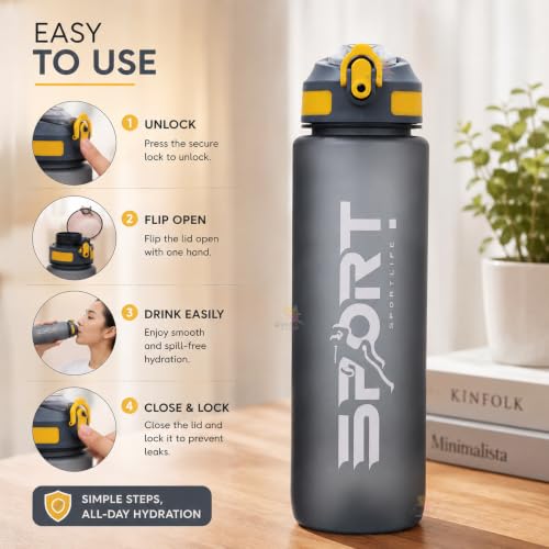 Image of Koochie-Koo Plastic Leak Proof Sports Bottle for Gym, Office, Water Bottle for Kids and Adults, 1000 ml, 6+Years (Pack of 1, Assorted)