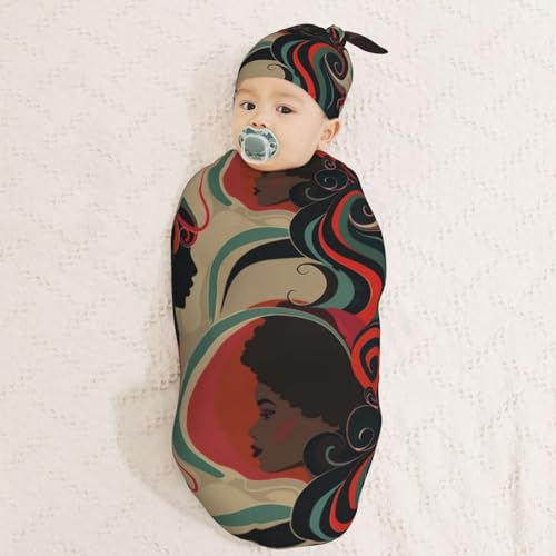Image of Art Black African American Woman Newborn Swaddle Blankets Hat Sets Soft Baby Receiving Blanket Swaddle Sack for Baby Shower Infant Boy Girl Gift