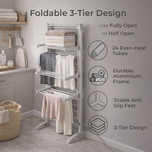 Neo Electric Heated Clothes Drying Rack 3 Tier Foldable Aluminium Laundry Airer with Cover Indoor Dryer - Image 4