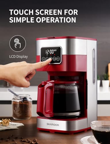 Image of SHARDOR 10-Cup Programmable Coffee Maker, Regular & Strong Brew Drip Coffee Machine for Home and Office, Auto Shut Off, Permanent Filter (red)