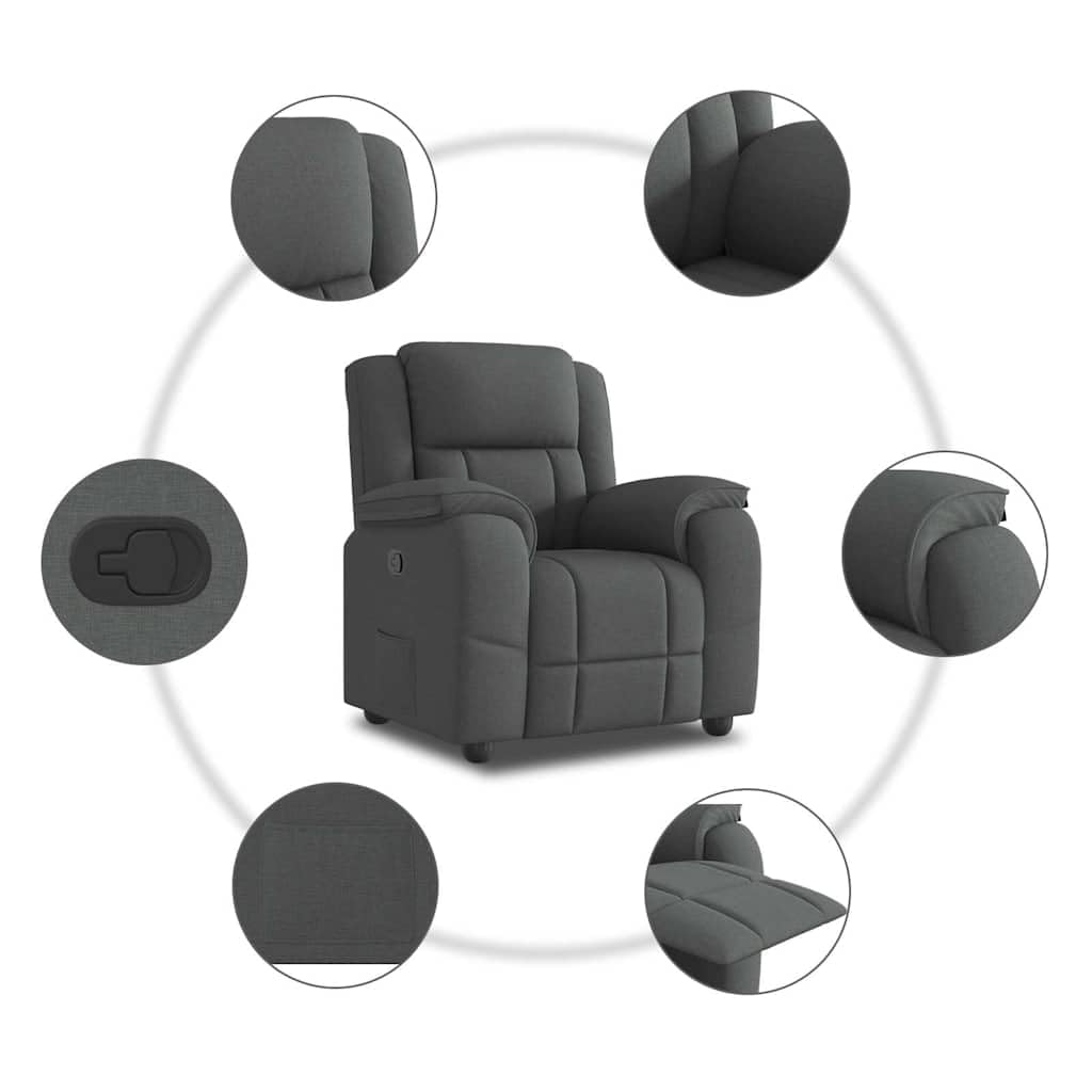Fotel relaksacyjny, ciemnoszary, materiał z regulowanym oparciem i podnóżkiem, ergonomiczny fotel z podłokietnikami, drewniana metalowa rama, fotel wypoczynkowy do salonu, biura, czytania