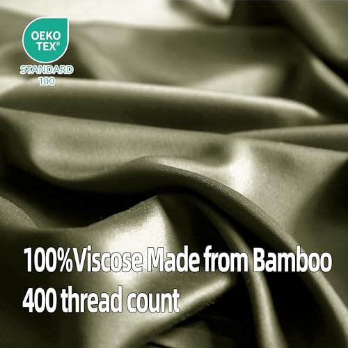 Image of EVERLY Queen Sheets Set,Luxuriously 400 Thread Count Organic Viscose Derived from Bamboo Bed Sheet,Cooling Sheets for Queen Size 4 Piece Deep Pockets Bedding Sheets &Pillowcases-Olive Green