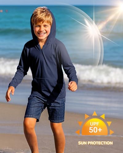 Image of Boys Rash Guard Long Sleeve Hoodie Swim Shirt with Pocket Youth Kids UPF 50+ Sun Protection Fishing Shirts Thumb Hole