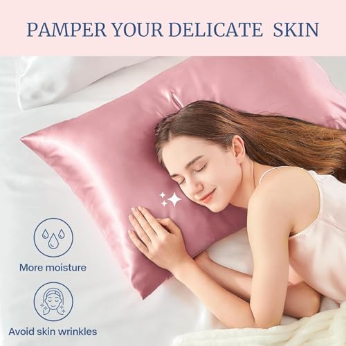 Image of Satin Pillow Covers Set of 2 with 3 Free Random Color Hair Scrunchies - Anti-Frizz, Skin-Friendly, Soft & Durable Pillowcase Set for All Hair Types (Pink)