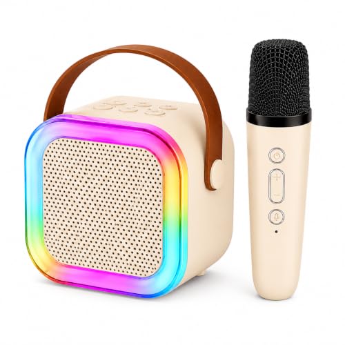 Image of Karaoke Speaker with Wireless Mic for Kids & Adults | Beige Bluetooth Karaoke Machine with RGB LED Lights, Rechargeable Portable Speaker, Stereo Sound | Birthday Gift for Girls & Boys