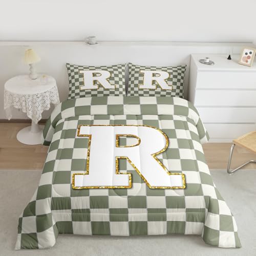Image of Erosebridal Sage Green Checkered Kids Comforter Sets Plaid Initial R King Bedding Set for Adults Personalized Monogram Comforter Set,Fashion Grids Gingham Quilt Duvet 3 Pcs