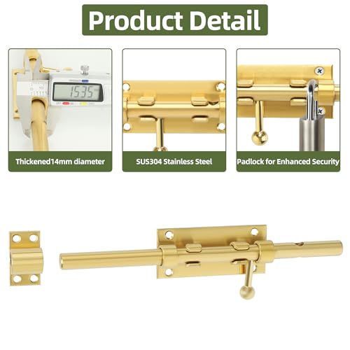 Image of Alise Slide Lock SUS304 Stainless Steel Gate Latch, Slide Bolt Latch,Thickened Heavy Door Latch Lock,10 Inch Black Barrel Bolt Latch, Security Slide Latch Lock Gold