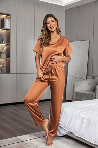 Image of Ekouaer Womens Satin Silky Pajama Set Short Sleeve Shirt with Long Pajama Pant Set Soft PJ Loungewear