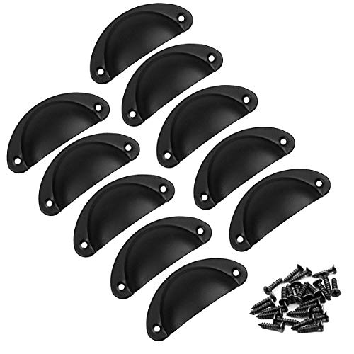 HQdeal 10PCS Poignée de Coquille Vintage, Bouton de Porte, Poignée de Meuble, Rétro Poignées de Porte en Fer Avec Vis pour Meuble Tiroir Armoire Cuisine Placard, 8,2 cm x 3,5 cm (Noir)