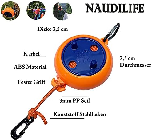 NAUDILIFE Retractable Camping Clothes Line Portable 8 m Travel Holiday Outdoor Laundry Line for Bathroom, Laundry Room, Garden or Travel with 10 Windproof Clips Fixed Buckles and 20 Clothespins