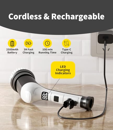 Image of Electric Spin Scrubber, Cordless Household Cleaning Brush with 6 Replaceable Heads, 3 Speeds, LED Display, Lightweight Handheld Power Scrubber for Cleaning Stove /Bowl /Sink /Corner /Tile /Grout-Black