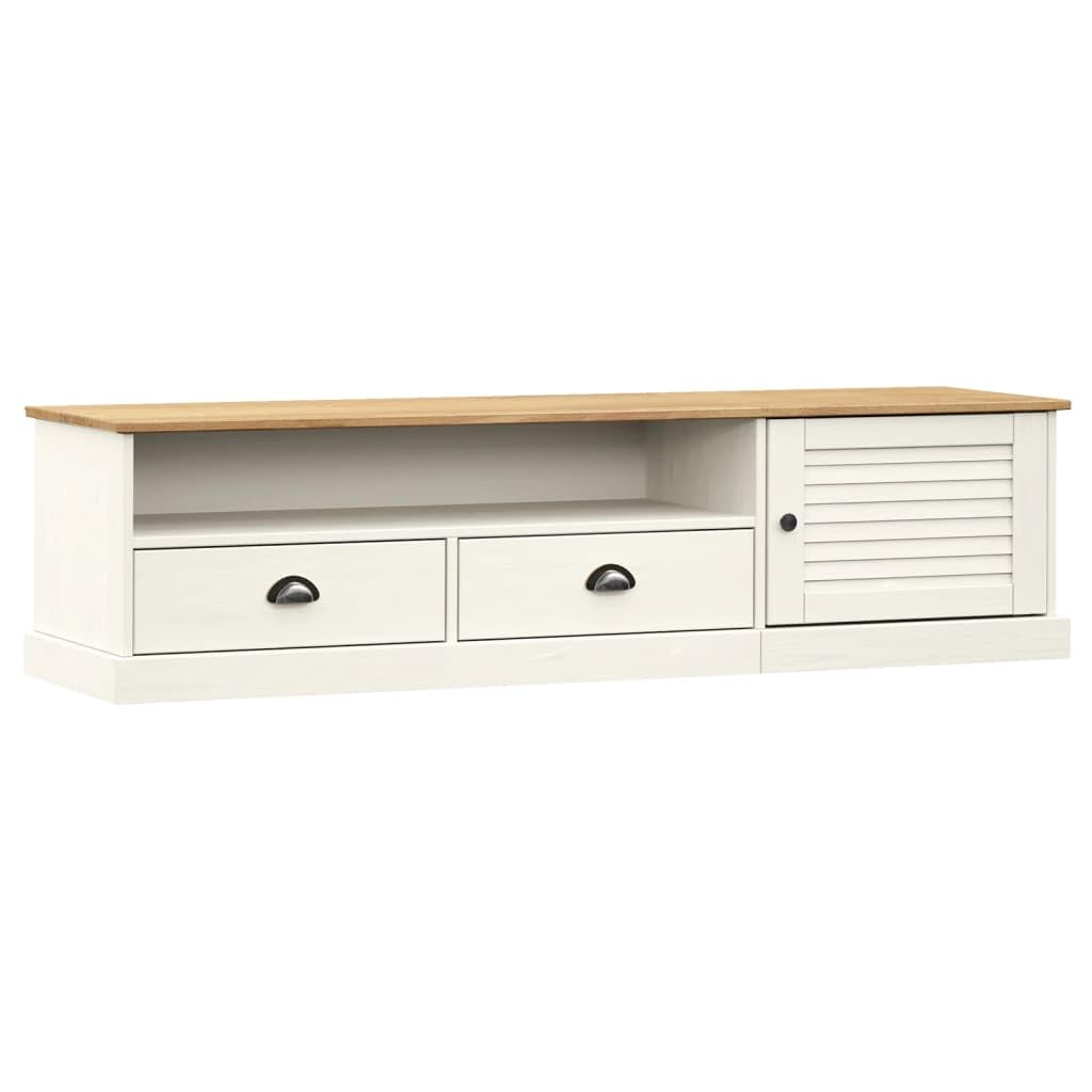 GKHPYURE TV-Schrank VIGO weiß 156 x 40 x 40 cm Massivholz Kiefer | 2 Schubladen, 1 offenes Fach, 1 Tür, Metallgriffe, Design Belüftung, einfache Reinigung