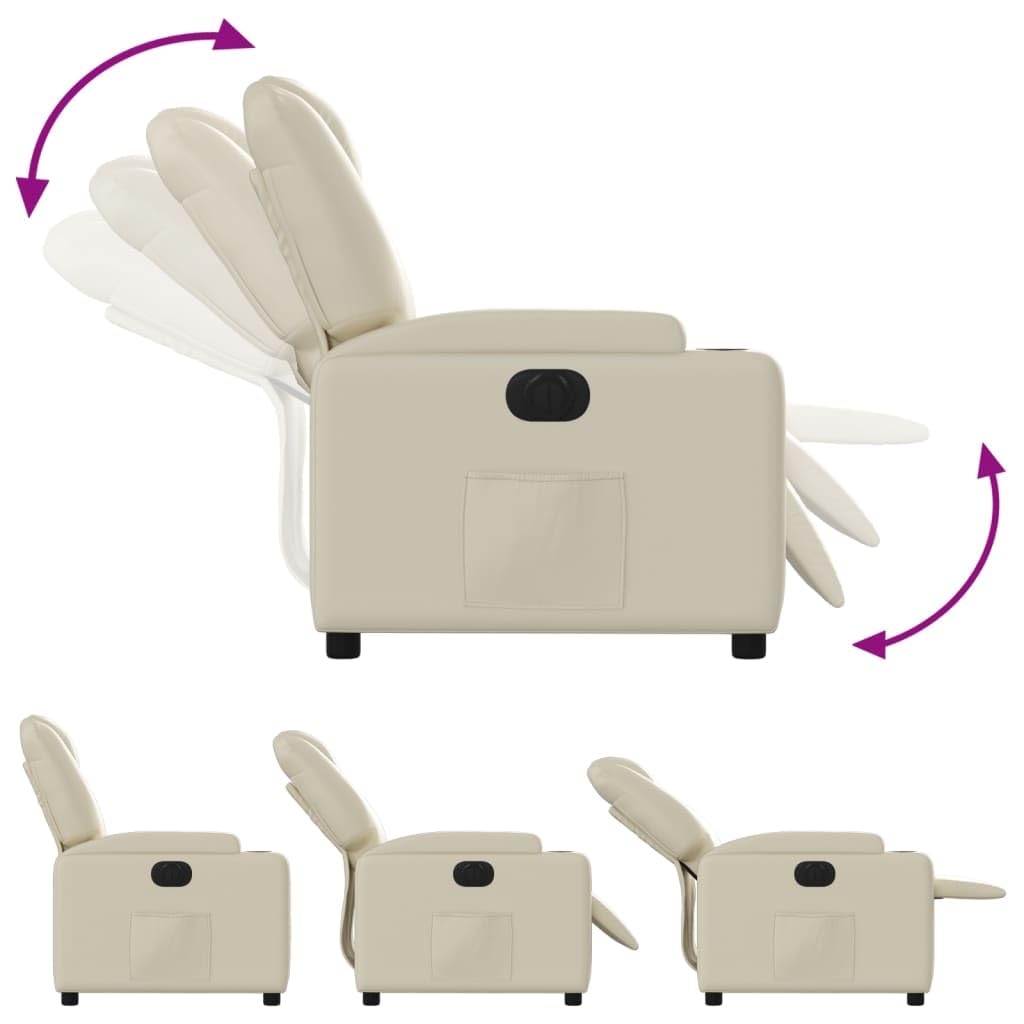 Sillón de relax eléctrico de piel sintética con función reclinable, 135 grados, soporte para bebidas y bolsillo lateral, marco de madera y metal, soporta hasta 110 kg, color crema