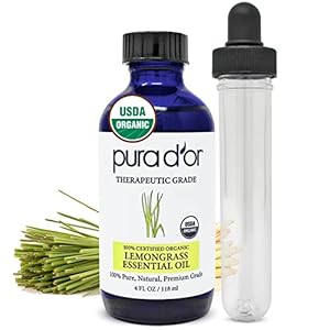 PURA D’OR Organic Lemongrass Essential Oil, 4oz, Therapeutic Grade, for Hair, Body, Skin, Aromatherapy, Relaxation, Massage, Vitality, Home, DIY Soap