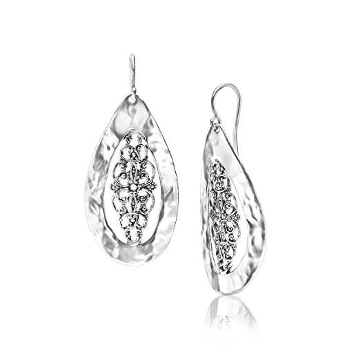 JEAN RACHEL JEWELRY 925 Sterling Silver Dangle Earrings for Women - Large Drop Shaped Lace & Oxidized Vintage Design - Hypoallergenic, Lead & Nickel Free - Artisan Handcrafted Statement Earrings