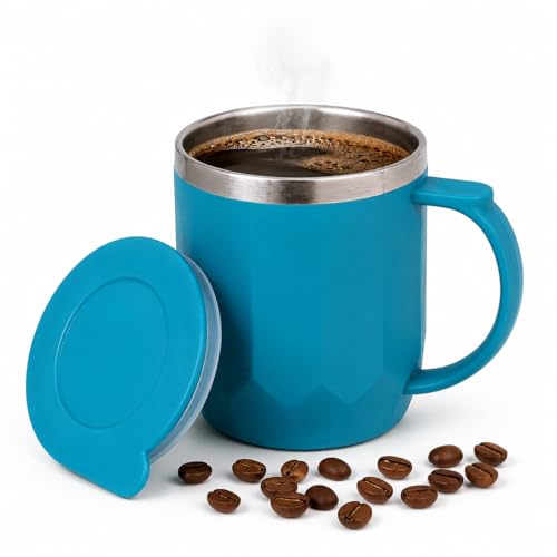Image of Insulated Coffee Mug 350 ml - Leakproof Lid, Double Wall Stainless Steel Tea Mug, Cool Touch Outer, Travel Cup for Office & Car, Keeps Drinks Hot /Cold - Blue