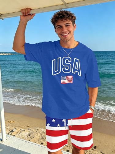 Image of Ithalt Patriotic Shirts for Men 4th of July Outfit 2 Piece Set Short Sleeve and Shorts American Flag 250th Anniversary