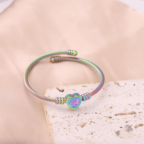 MYNENEY Gold/Rainbow Stainless Steel Bangles Jewery for Birthday Halloween Heart Initial A-Z Letters Bracelets for Girls4
