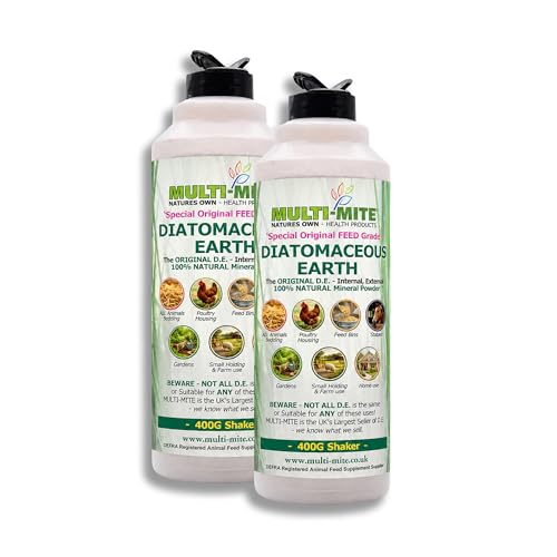 Multi-Mite 2 x 400G Shakers Feed Grade Diatomaceous Earth DE Powder for Dogs Cats Poultry Animal Bedding & Housing Pet Areas Stables Gardens. 100% Natural Highly Absorbent & Desiccating
