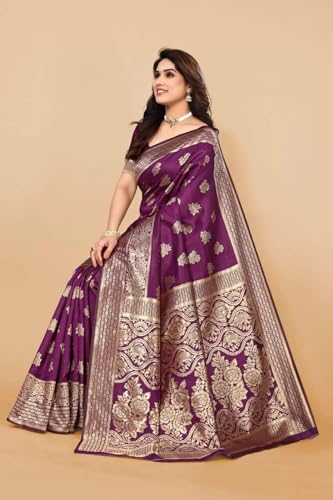 Image of C J Enterprise Women's Banarasi Saree Pure Kanjivaram Silk Saree Soft Design Wear Pattu Sarees Cotton With Blouse Piece Kanchipuram for Wedding sadi new ladies 2023 (Nayra-1) (Purple)